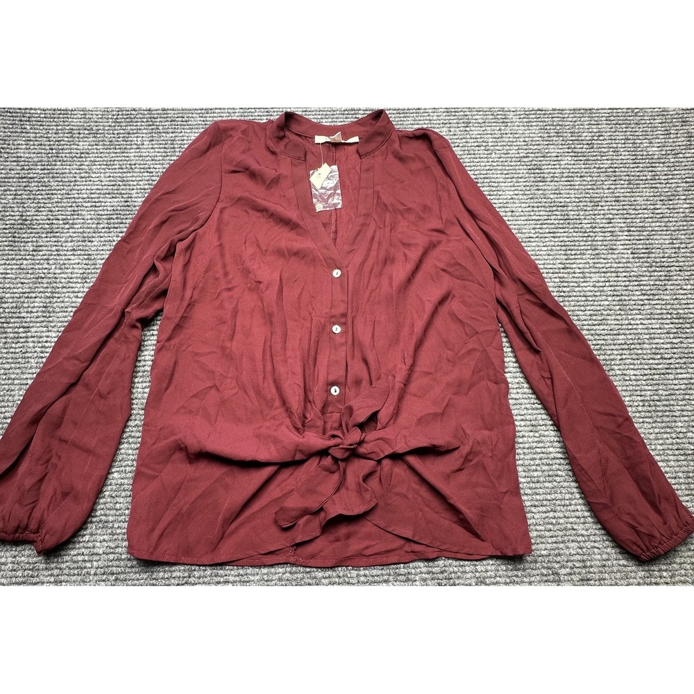 Miami Shirt Womens XS Burgundy Long Sleeve Button Front Tie Waist Polyester Top